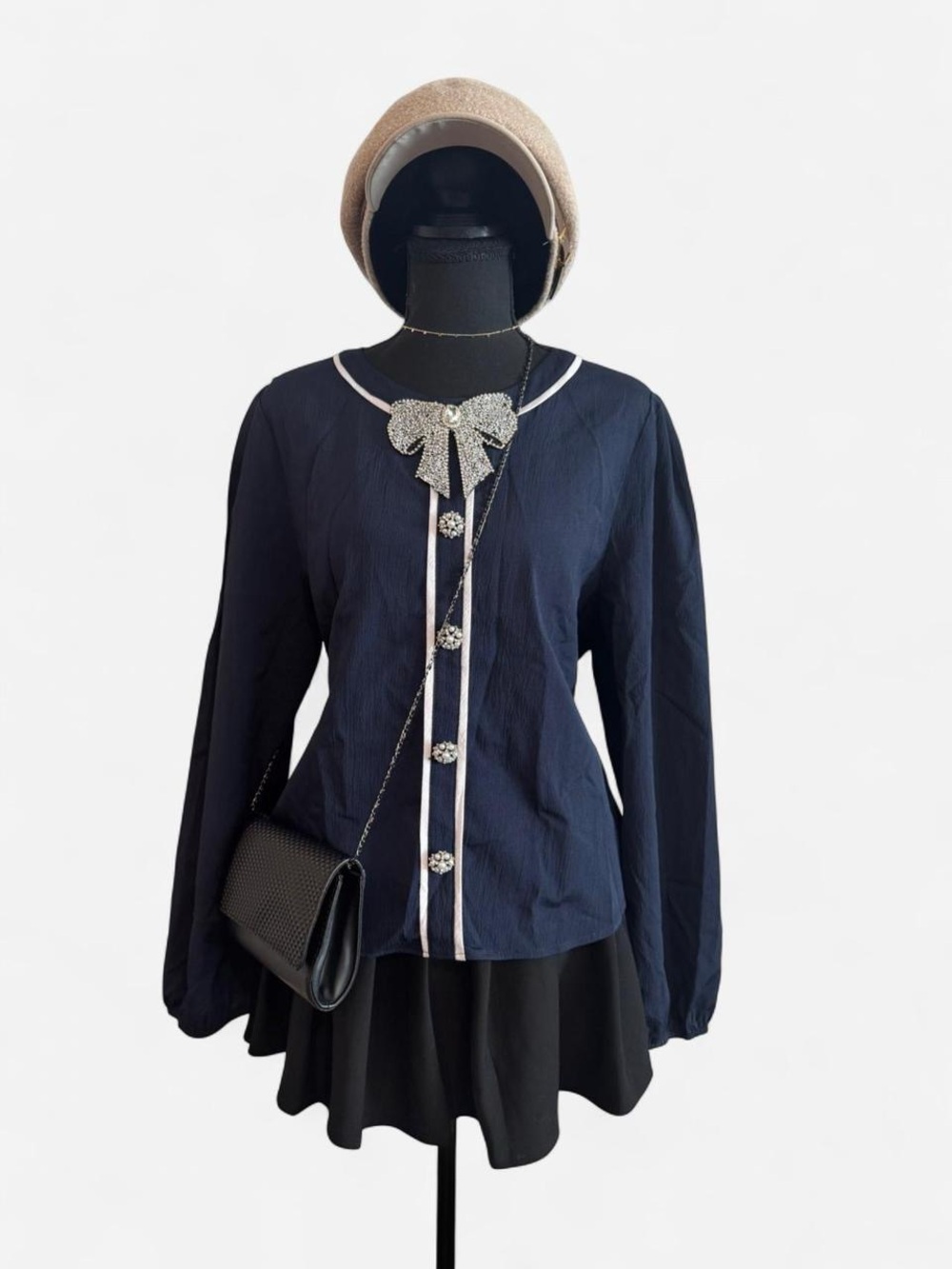 Sweet Rain Navy Blouse with White Trim and Rhinestone Bow Accent